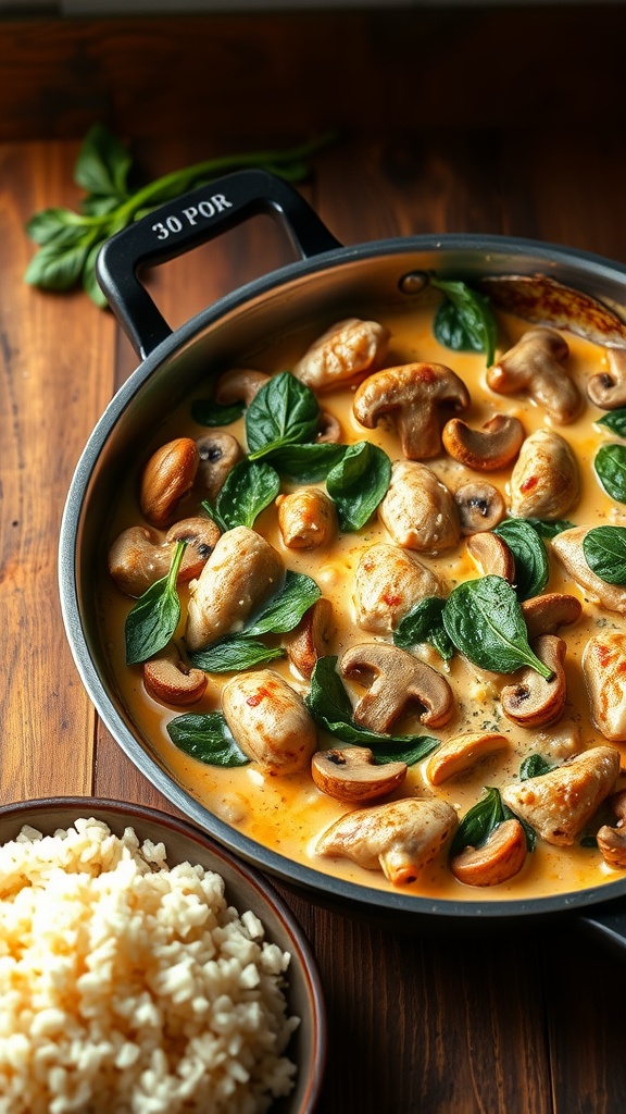 Creamy chicken and mushroom skillet with spinach, garnished with Parmesan, served with rice on a rustic table.